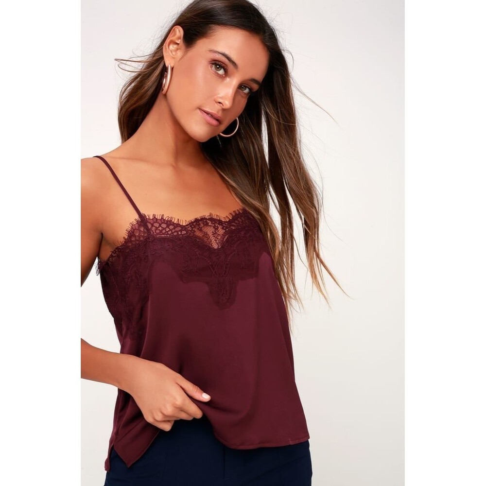 Lulu’s Women's Maddox Burgundy Satin Eyelash Lace Adjustable Straps Cami XL